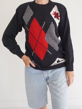 Vintage Joyce Black Sweater Indie Sleaze Old Money Knit Argyle Graphic L